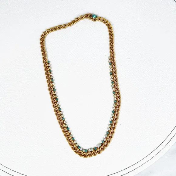 Spartina 449 Gold Tone Chain Necklace Turquoise Uranium Glass Beads Signed 18